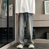 Hearujoy Korean Fashion Men's Vintage Blue Jeans Classic All-match Solid Color Straight-leg Denim Wide-leg Pants Male Black/Green